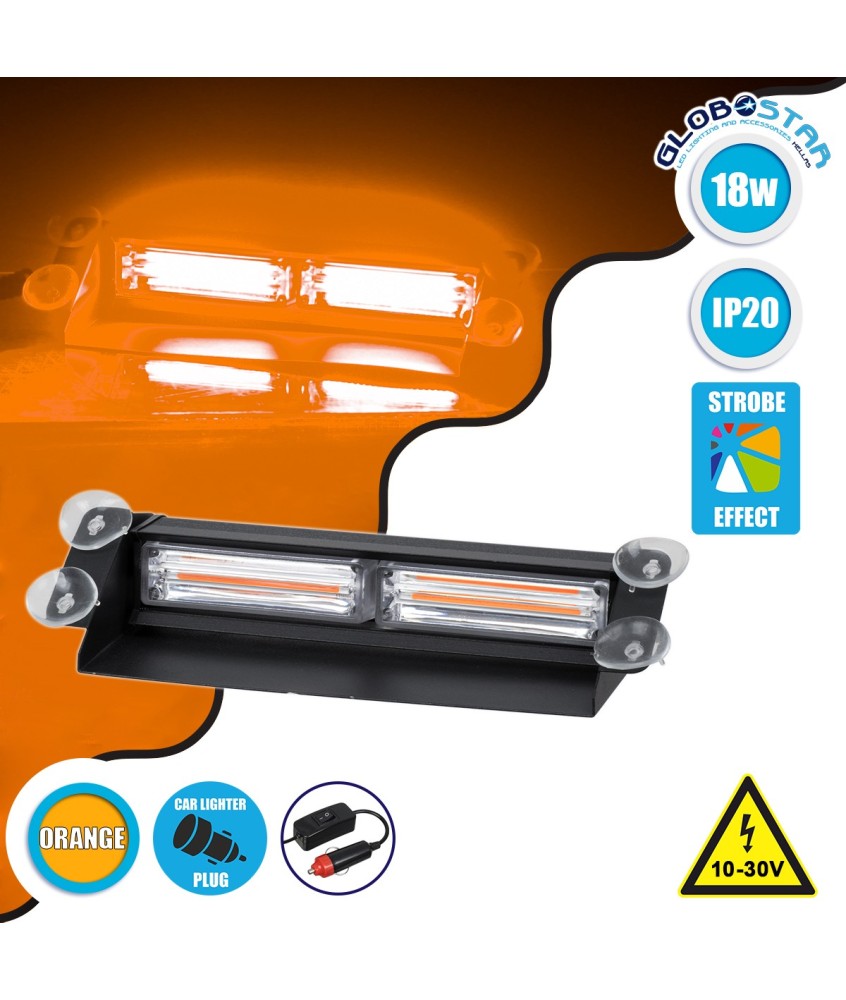 GloboStar® 85115 PRO Series Μπάρα Σήμανσης με Βεντούζες για Παρμπρίζ Οχήματος Οδικής Βοήθείας για Αυτοκίνητα & Φορτηγά 13 Προγραμμάτων Φωτισμού LED CREE CXB COB 18W DC 10-30V IP20 Πορτοκαλί